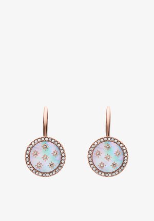Runde Ohrringe aus Roségold mit einem schimmernden Zentrum, Sternmustern und einem Rand aus kleinen, klaren Kristallen.