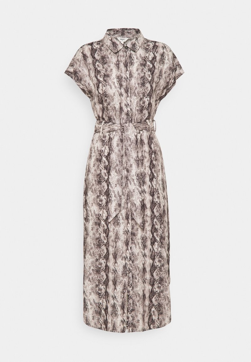 Sukienka z krótkim rękawem w wzór węża w odcieniach brązu i beżu, z kołnierzykiem i paskiem w talii do regulacji.