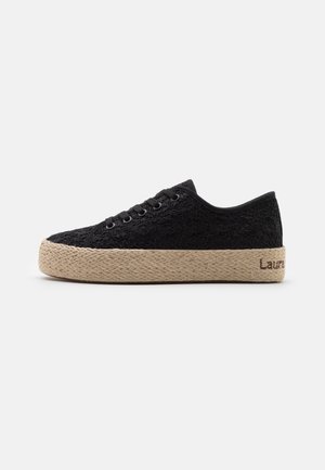 Schwarzer Sneaker aus Spitze mit schwarzen Schnürsenkeln und dicker gewebter beiger Plateausohle, Seitenansicht vor neutralem Hintergrund.