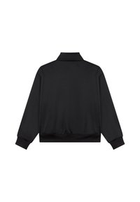 Giacca bomber nera con colletto alto, polsini e vita elasticizzati. Tessuto morbido e liscio, senza motivi visibili o dettagli in metallo.