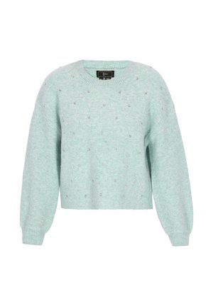 Miętowozielony skrócony sweter z miękkiego materiału, z dekoracyjnymi srebrnymi ćwiekami na przodzie oraz ribbowymi mankietami i dekoltem.