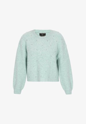 Miętowozielony skrócony sweter z miękkiego materiału, z dekoracyjnymi srebrnymi ćwiekami na przodzie oraz ribbowymi mankietami i dekoltem.