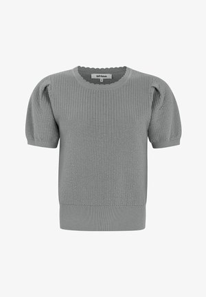 Grijze gebreide trui met korte pofmouwen, ronde halslijn, textuurstof en geribde zoom. Etikett leest "Soft Rebels."