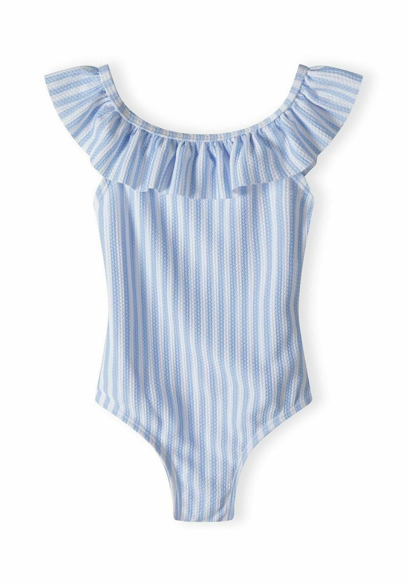 Maillot de bain une pièce bleu clair avec des bretelles à volants, présentant des rayures verticales blanches et un tissu texturé.