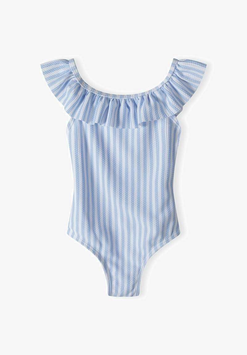 Maillot de bain une pièce bleu clair avec des bretelles à volants, présentant des rayures verticales blanches et un tissu texturé.
