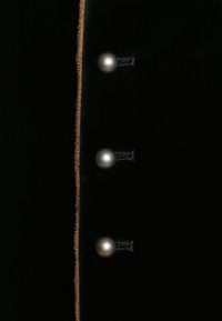 Schwarzer Samtstoff mit einer vertikalen Naht, drei silbernen Knöpfen und kontrastierendem, sandfarbigen Näht entlang der Kante. Glatte Textur.