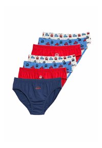 Five pairs of boys' briefs in red, blue, and white; features car patterns on light blue fabric and solid colors. Elastic waistbands.