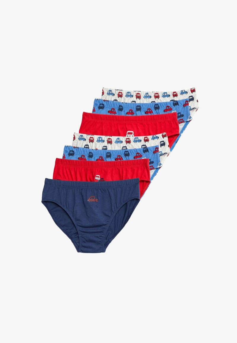 Pięć par chłopięcych slipów w kolorach czerwonym, niebieskim i białym; wzory z samochodami na jasnoniebieskim tle oraz w jednolitych kolorach. Elastyczne pasy w talii.