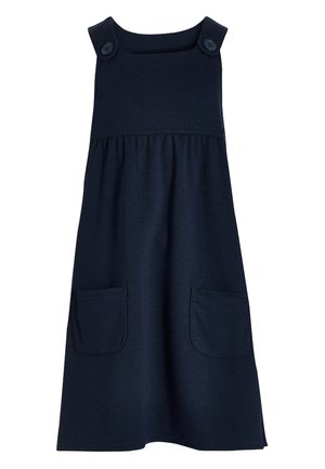 Robe bleu marine avec un design droit, deux boutons sur les bretelles, et deux poches avant. Fabriquée en tissu doux et texturé.