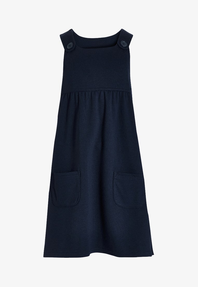 Dunkelblaues Kleid mit gerader Passform, zwei Knöpfen an den Schulterträgern und zwei Fronttaschen. Hergestellt aus weichem, strukturiertem Stoff.