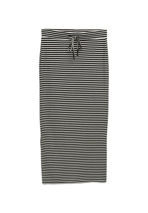 Fekete-fehér csíkos ceruzaszoknya húzózsinórral. Az anyag puha és sima textúrú. Elegáns dizájn és szűkített fazon.