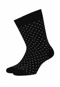 Czarne skarpetki wykonane z mieszanki bawełny, z powtarzającym się małym białym wzorem geometrycznym. Standardowej długości z prążkowanymi mankietami.