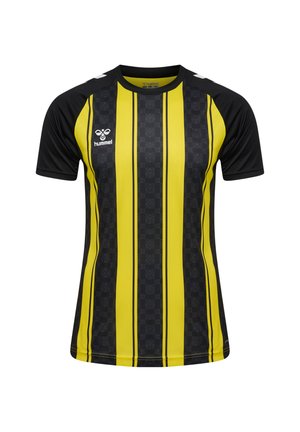 Zwart en geel gestreept sportshirt met een ronde hals, met het hummel-logo aan de voorkant en contrasterende accenten op de schouders.