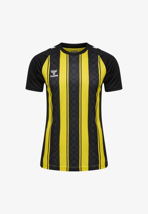 Zwart en geel gestreept sportshirt met een ronde hals, met het hummel-logo aan de voorkant en contrasterende accenten op de schouders.