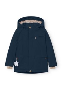 Navyblauwe gewatteerde jack met een beige voering, een capuchon, ritssluitingen en een witte sterlabel detail aan de zijkant. Voorzien van drukknoopjes.