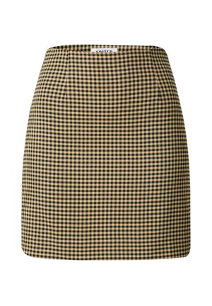 Geruite mini-rok in een zwart en geel patroon. Heeft een hoge taille ontwerp en een gladde textuur. Gemaakt van lichtgewicht stof.