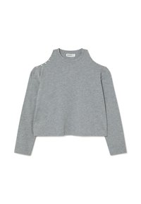 Sudadera gris de manga larga con diseño de hombros al aire, adornada con tachuelas plateadas en los hombros y con un dobladillo corto para un look moderno.