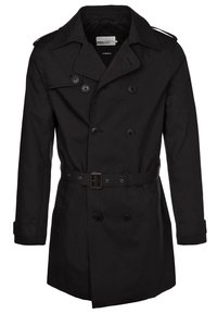 Svart trench-coat med dubbelknäppt design, spetskrage, knappdetaljer och bälte i midjan. Tillverkad av ett smidigt tyg.