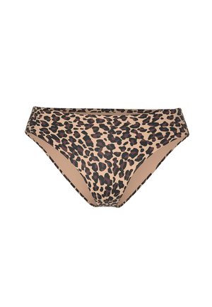 Bas de bikini beige avec motif léopard noir et marron foncé, conçu pour les maillots de bain.