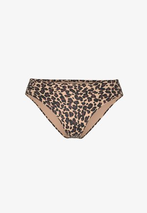 Beige bikinibroekje met zwart en donkerbruin luipaardprintpatroon, ontworpen voor badkleding.