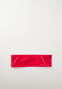 Red fabric running belt with reflective accents and a zippered pocket; smooth texture, flat design, suitable for holding small items securely.