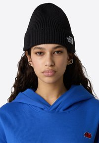 Beanie negru cu țesătură în relief, având eticheta logo, purtat cu un hanorac bleu cu glugă care prezintă o mică pată roșie. Păr drept parțial vizibil.