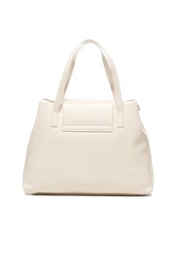 Borsa sintetica color crema con due manici superiori, forma rettangolare, texture liscia e dettaglio della tasca frontale piatta.