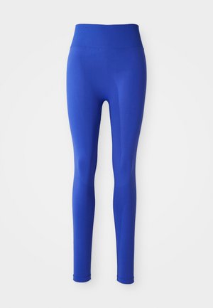 Leggings azzurri a vita alta realizzati in tessuto elastico con una texture liscia. Presentano un design aderente e caviglie svasate. Nessun motivo visibile.