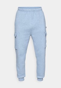 Light blue fleece cargo joggers with elastic waistband, side flap pockets, and cuffed ankles on a white background.