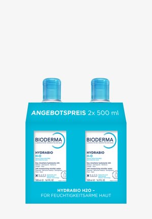 Deux bouteilles de 500 ml d'eau micellaire Bioderma Hydrabio H2O pour peau déshydratée dans un emballage bleu.
