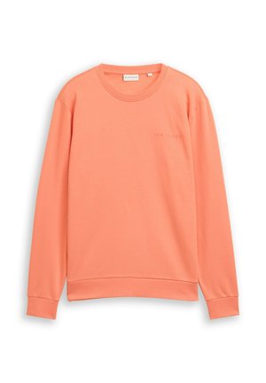 Long-sleeve, coral crew neck sweatshirt with ribbed cuffs and hem, featuring subtle logo text on the left chest.