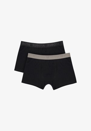 Dwie pary czarnych męskich bokserek z elastycznymi paskami w talii z logo, jedna w ciemnoszarym, druga w jasnoszarym kolorze.