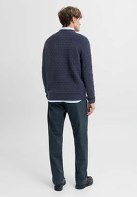 Moški stoji obrnjen stran, oblečen v temno modro teksturirano pleteno jopico, svetlo modro srajco, temne hlače in rjave čevlje na enobarvni podlagi.