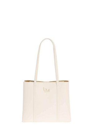Borsa tote in pelle beige con due manici lunghi e un piccolo logo dorato centrato vicino alla parte superiore frontale.