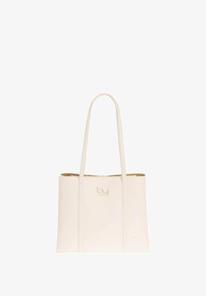 Borsa tote in pelle beige con due manici lunghi e un piccolo logo dorato centrato vicino alla parte superiore frontale.