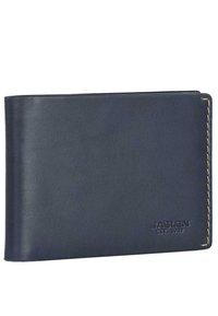 Cartera de cuero azul marino con una textura suave, forma rectangular, costuras en contraste y logotipo de marca grabado. Diseño minimalista.