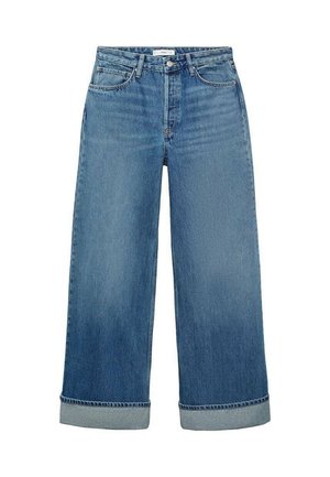 Jeans din denim albastru cu picioare largi, cu o spălare medie și manșete rulată. Prezintă un stil clasic cu cinci buzunare și închidere cu nasturi.