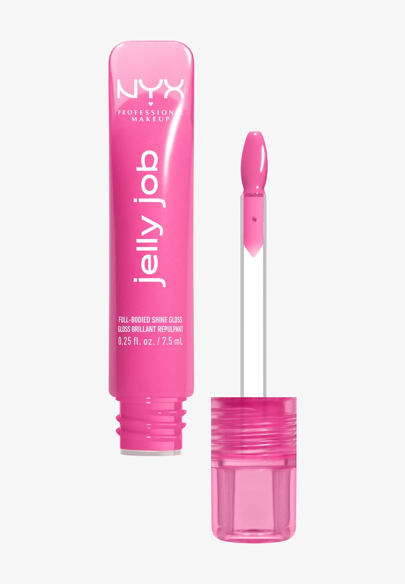 Tube de gloss à lèvres NYX Jelly Job rose vif à brillance intense, avec applicateur, montrant le produit brillant sur la pointe.