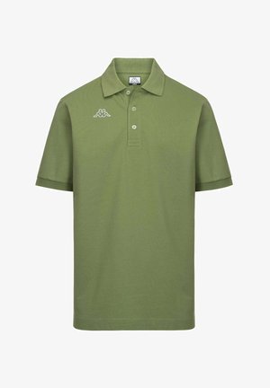 Polo verde oliva a maniche corte con tre bottoni e logo Kappa bianco sul petto a sinistra, taglia grande.