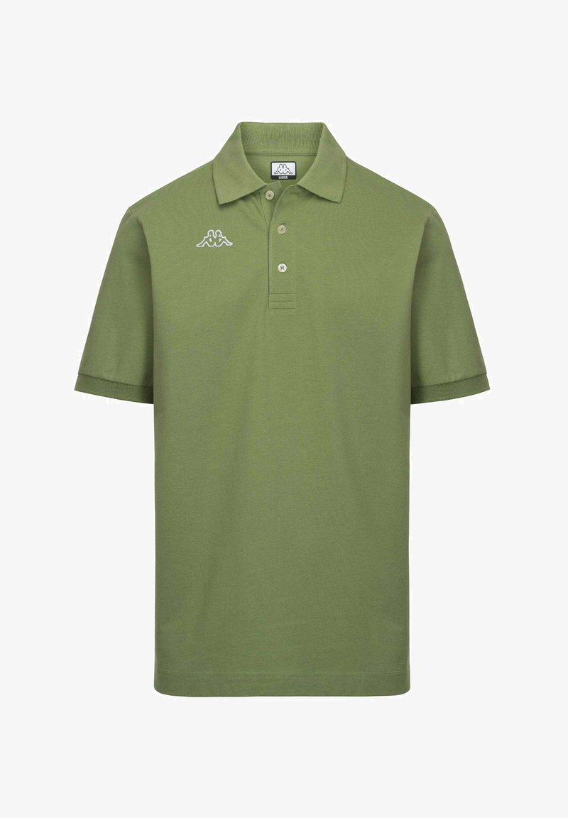 Polo à manches courtes vert olive avec trois boutons et logo Kappa blanc sur la poitrine gauche, taille grande.