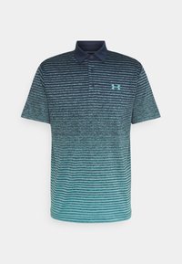 Polo tričko s horizontálními pruhy v tmavě modré a tyrkysové barvě, s jednobarevným námořnickým límcem a logem Under Armour v tyrkysové barvě.