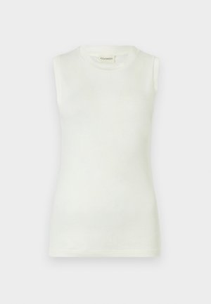 Balta berankovė palaidinė iš minkšto medvilnės audinio, suapvalintu iškirptės kraštu ir aptemptu siluetu. Lygi tekstūra be matomų raštų ar akcentų.