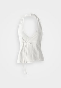 White halter top made of soft fabric. Features a deep V-neck, wrap design, and adjustable tie at the waist. Smooth texture, casual style.