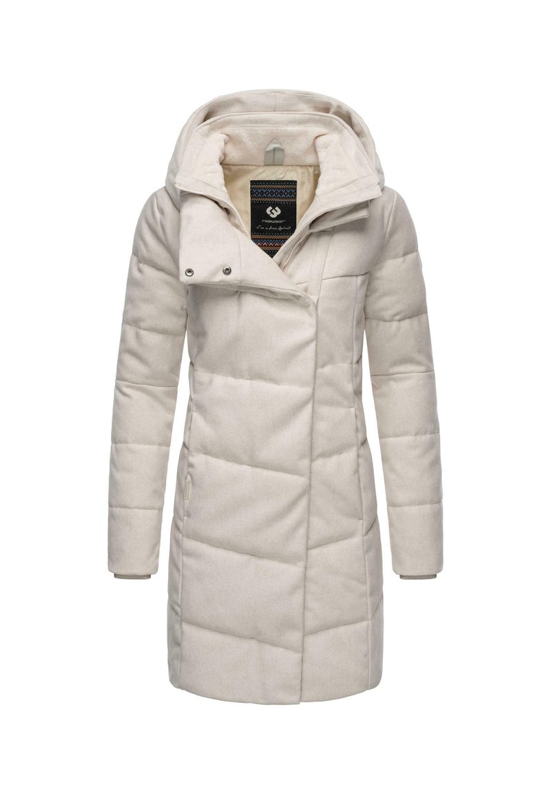 Manteau d'hiver matelassé en beige clair, doté d'un col haut, de boutons doubles et d'un tissu texturé avec des panneaux cousus.