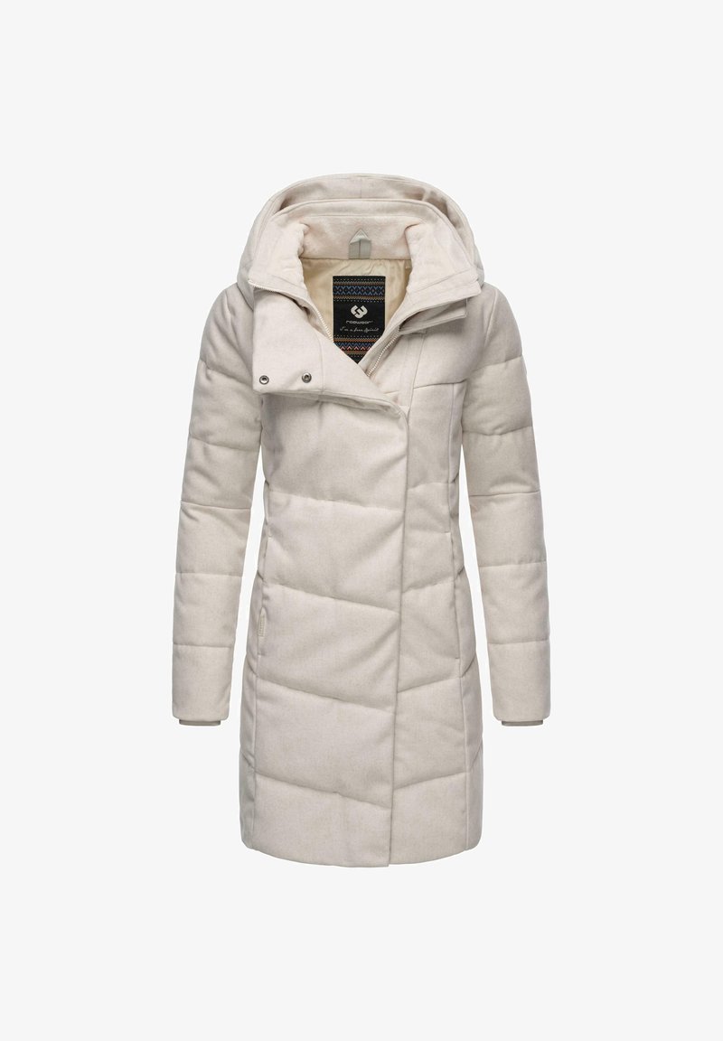 Padded winter coat in light beige, featuring a high collar, double buttons, and a textured fabric with stitched paneling.