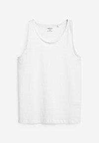 Weißes Baumwoll-Tanktop mit rundem Ausschnitt und breiten Trägern. Mit einem bedruckten Etikett innen. Schlichter, unaufdringlicher Stil.