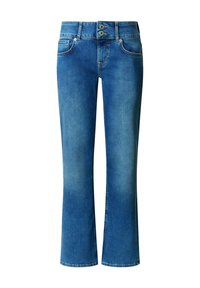 Helerohelised laienevad teksad denimituust, keskmise kõrgusega vöökohaga, kahe esitasku ja nööpidega vöökoha sulgemiseks.