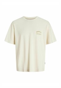 Crème-kleurig katoenen t-shirt met korte mouwen, ronde hals en de tekst "ORIGINALS STUDIO" gedrukt in een subtiele, gouden tint op de borst.