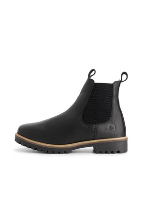 Zwarte leren Chelsea boot met elastische zijkanten, pull-tabs op de hiel en de tong, rubberen profielzool en lichtbruine welt-stiksel.