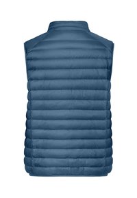 Gilet doudoune bleu avec un col haut, arborant un design matelassé et des rayures horizontales. Texture légère et lisse, sans quincaillerie visible.